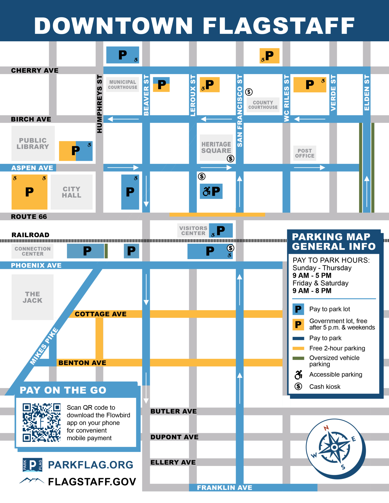Official City of Flagstaff ParkFlag downtown parking map showing pay-to-park lots and streets, government lots free after 5 PM, free 2-hour parking, and residential permit areas